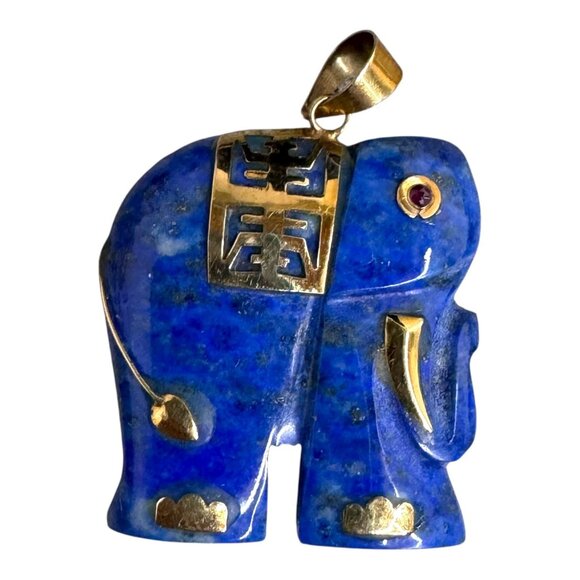 Vintage Elephant Pendant Natural Lapis Lazuli 14K Gold Ruby Eye Good Luck 1" - Picture 1 of 6